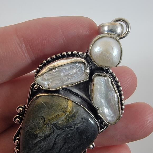 Artisan Black Jasper Pendant With Freshwater Pearl Accents on a 20" Silver Chain - Picture 6 of 10